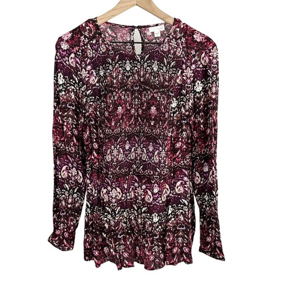 J. Jill Tops - J. Jill Smocked Ikat Round Neck Tunic Blouse Top Purple Pink Small Boho Abstract